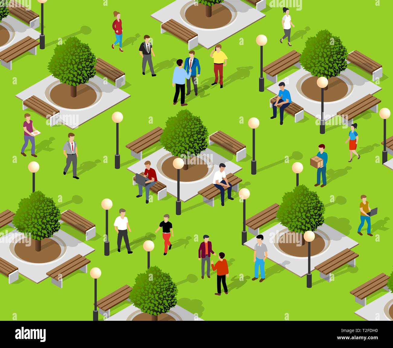 Isometrische Menschen lifestyle Kommunikation in einem städtischen Umfeld in einem Park mit Bänken und Bäumen Stock Vektor