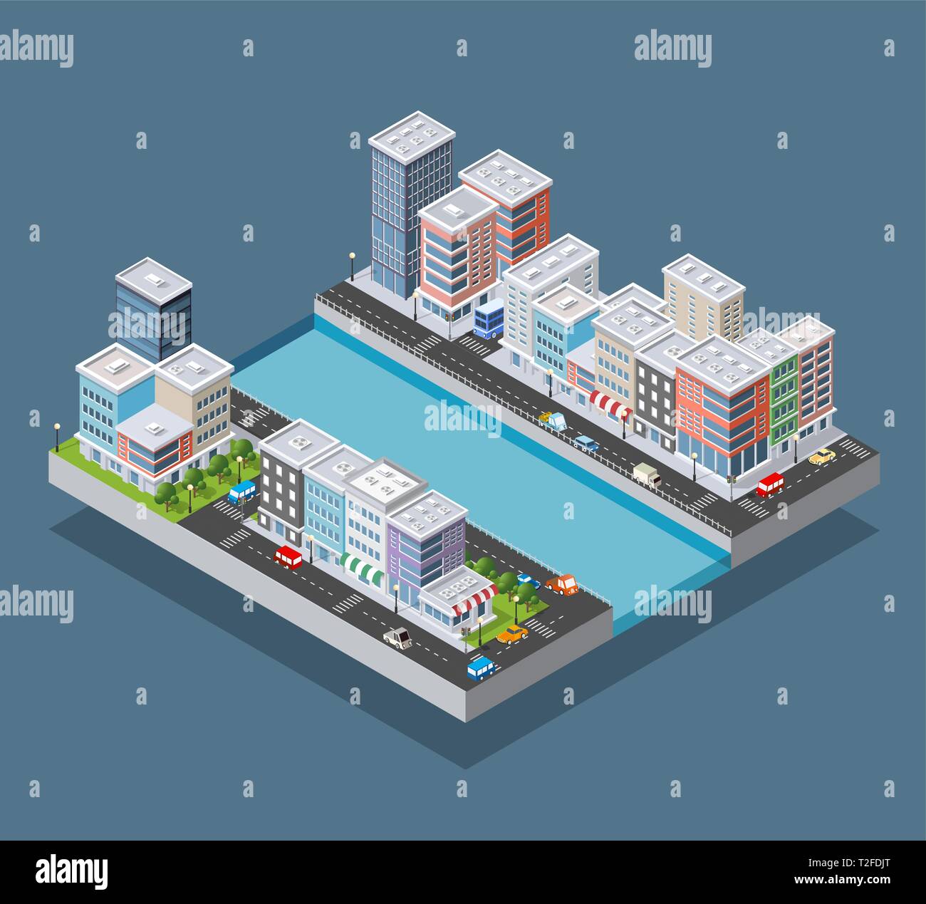 Isometrische Stadt Block und Flußufer Bahndamm mit Gebäuden von Häusern, Straßen und Bäume. Vector lieferbar Abbildung. Stock Vektor