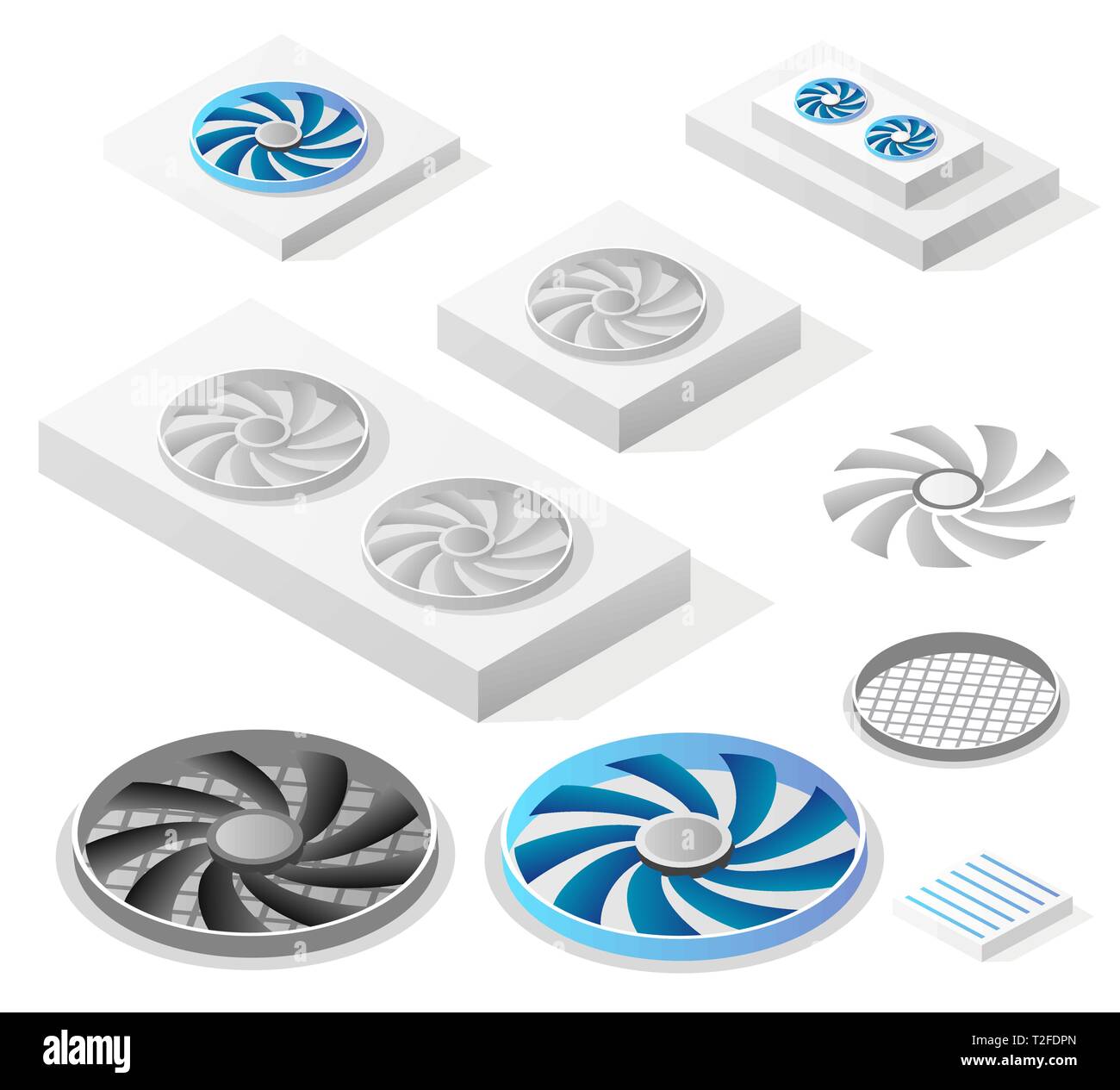 Eine Reihe von isometrischen Computer fans Komponenten, industrielle Anlagen. Stock Vektor