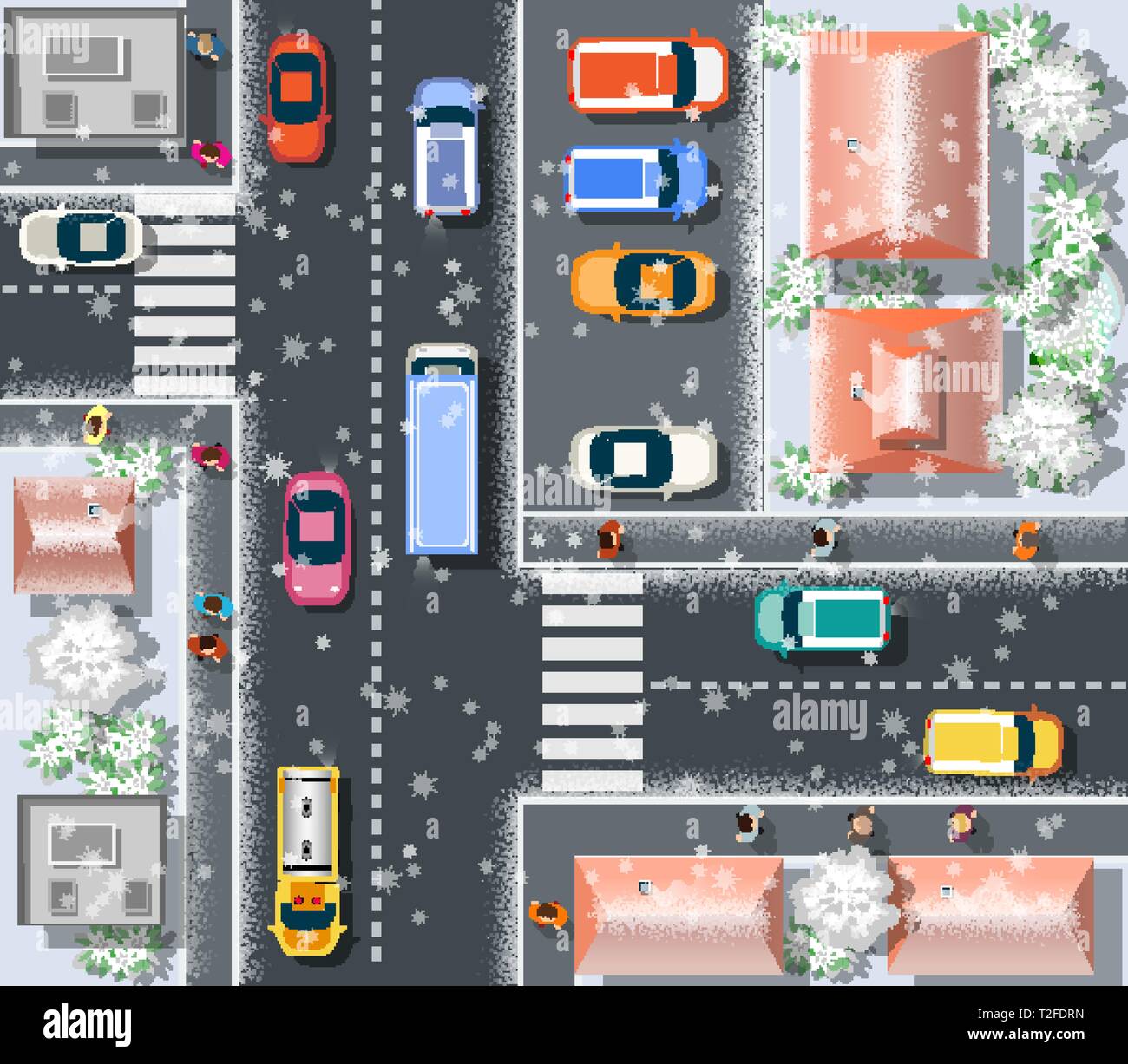 Ansicht von oben Weihnachten Neujahr schnee winter Urlaub von oben auf einer Straße der Stadt Geschwindigkeit Autobahn mit Pkw und Bussen, Bäume und Lkw Stock Vektor