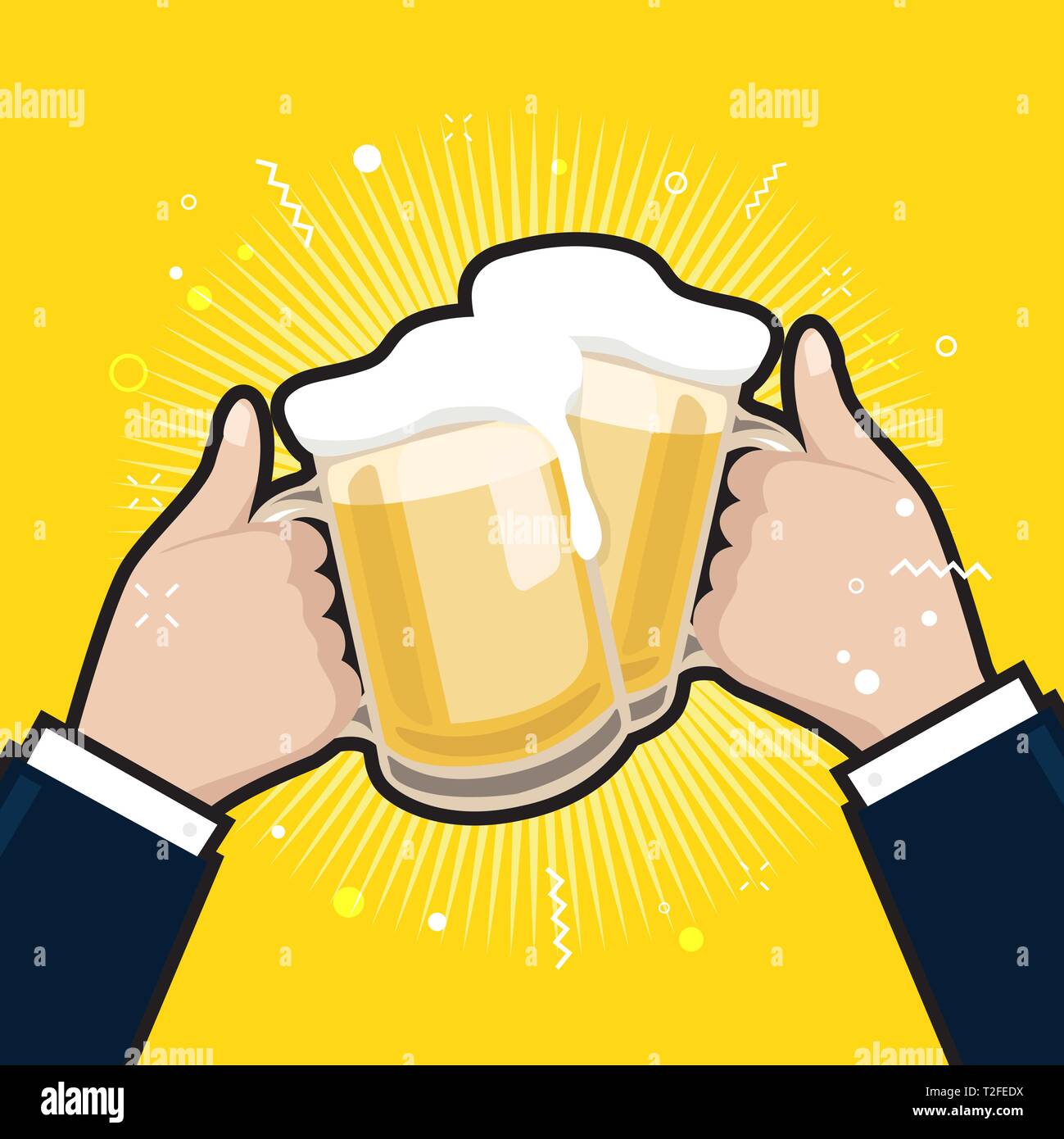 Die Unternehmer halten Bierkrüge. Biergläser Schaum klirren, Freunde treffen. Stock Vektor