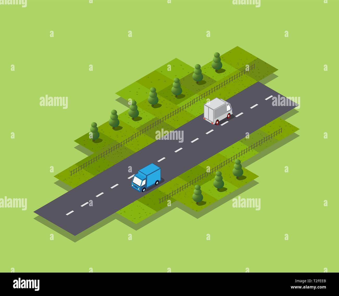 Isometrische Jahreszeiten Stadt mit Häusern und Straßen mit Bäumen, Tanne und Sträuchern. Saison Sommer des Jahres. Konzeptionelle Vector Illustration. Stock Vektor