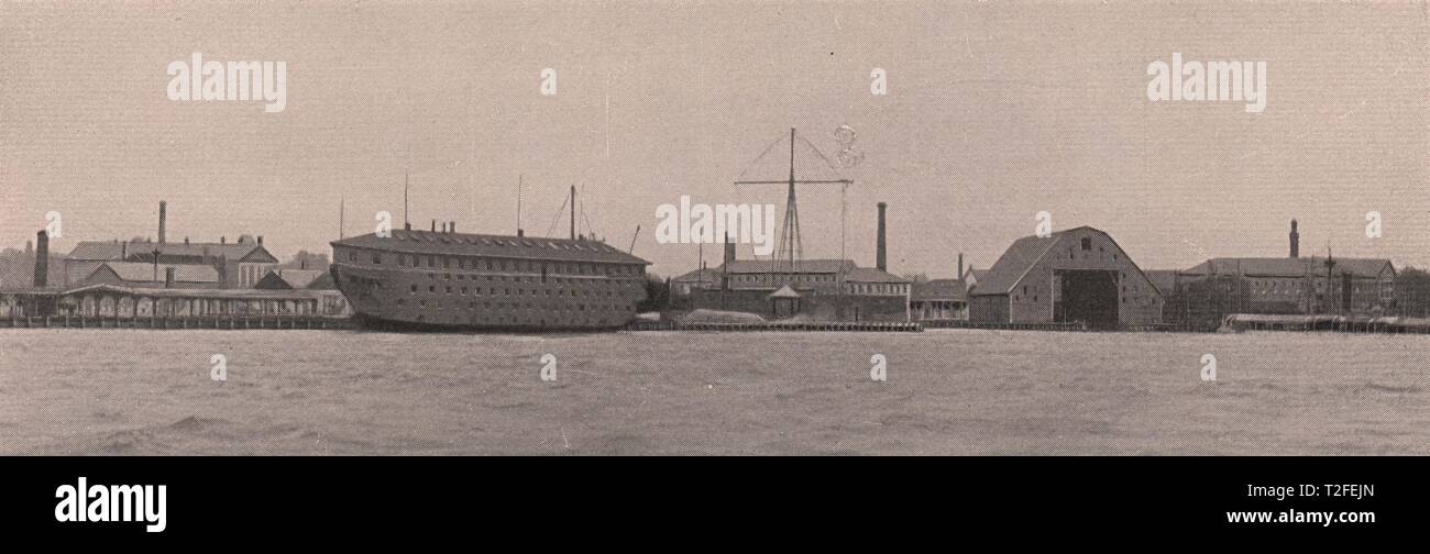 Brooklyn Navy Yard - East River; alte Fregatte "Vermont", als empfangende Schiff verwendet Stockfoto