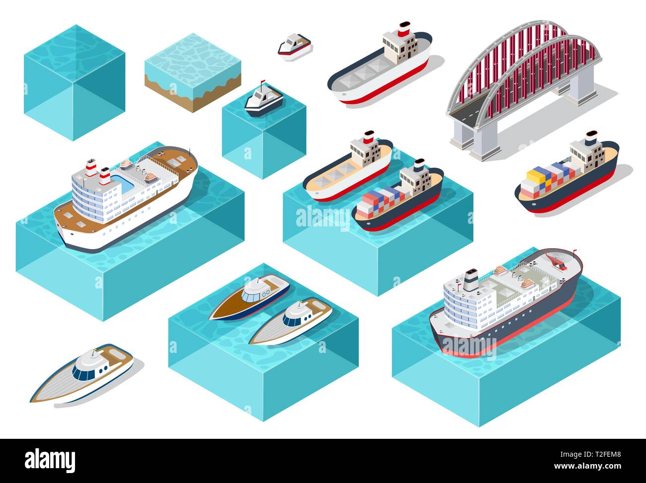 Isometrische Schiff Cargo Container und touristische Liner Der industrielle Hafen und touristische Liegeplätze für Boote mit einer Darstellung der Transport von Gütern und Stock Vektor