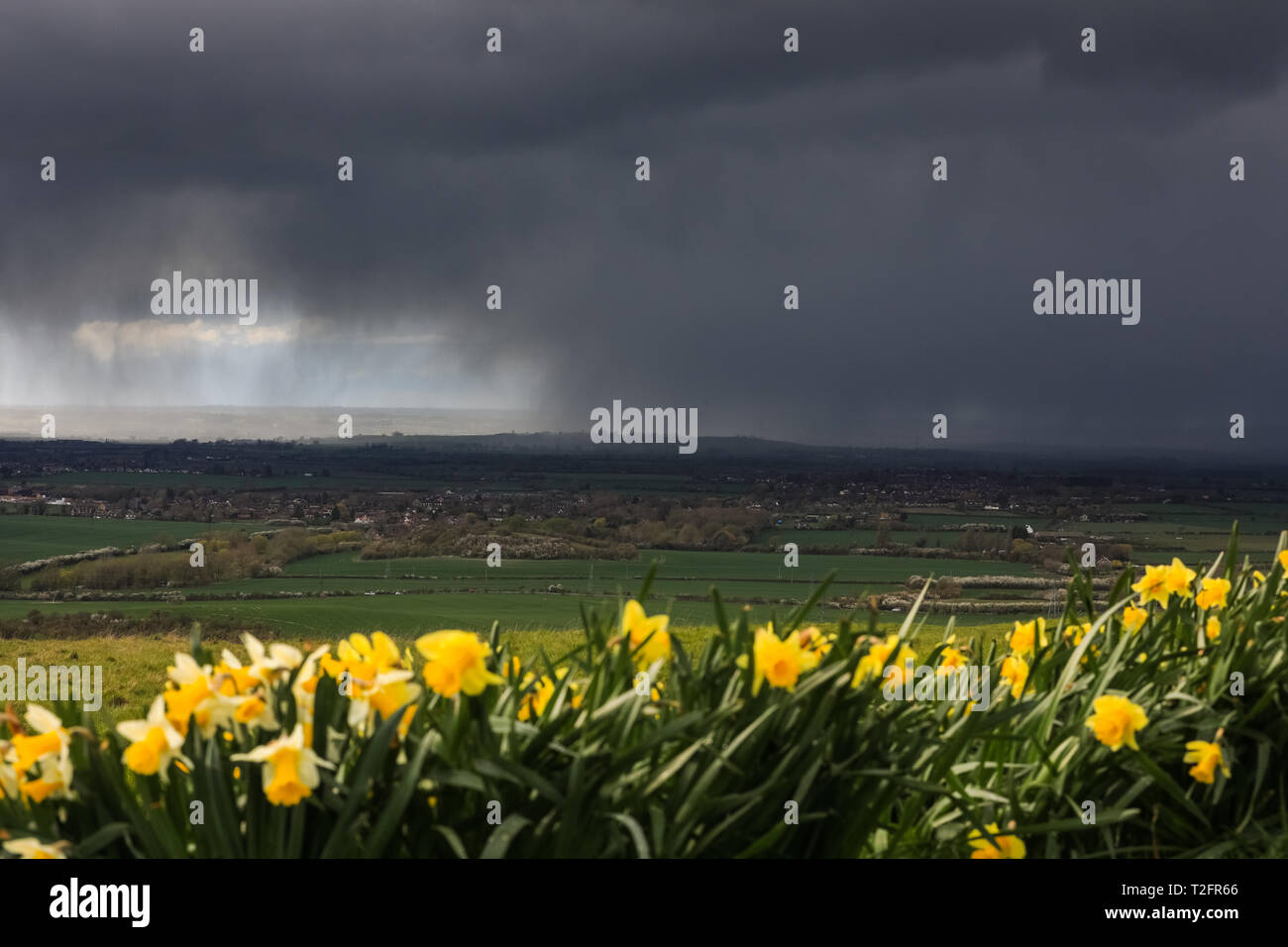 Bedfordshire, UK, 2. April 2019. Eine mit sehr dunklen, Moody Wolken und Regen sich über die bedfordshire Landschaft, mit Sonnenstrahlen brechen durch gelegentlich. Ein Tag, der sehr wechselhaften Wetter sah, Sonne, Hagel, Regen, Wind und sehr dunkle Wolken über große Teile von London und den umliegenden Grafschaften. Credit: Imageplotter/Alamy leben Nachrichten Stockfoto