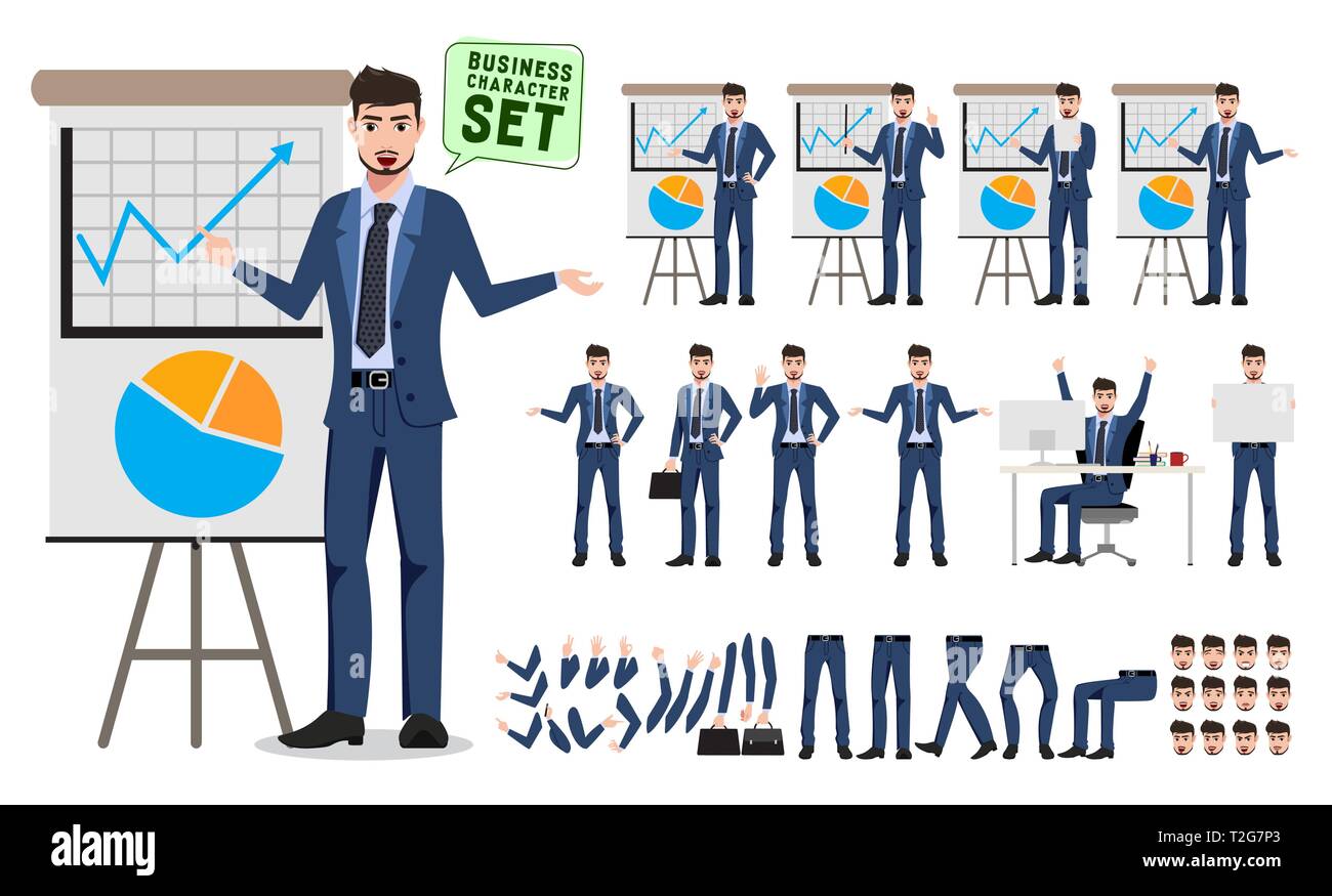Männliche Figur für business presentation Vektor einrichten. Business mann Cartoon Character Creation mit unterschiedlichen Posen zeigen. Vektor Stock Vektor