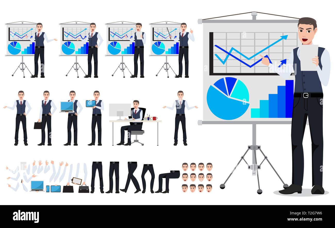 Business Mann Vektor Charaktererstellung Mit Mannlichen Verkaufe Person Ubersicht Chart Tafel Prasentation In Verschiedenen Korperhaltung Und Gesten Der Hand Set Isoliert Stock Vektorgrafik Alamy