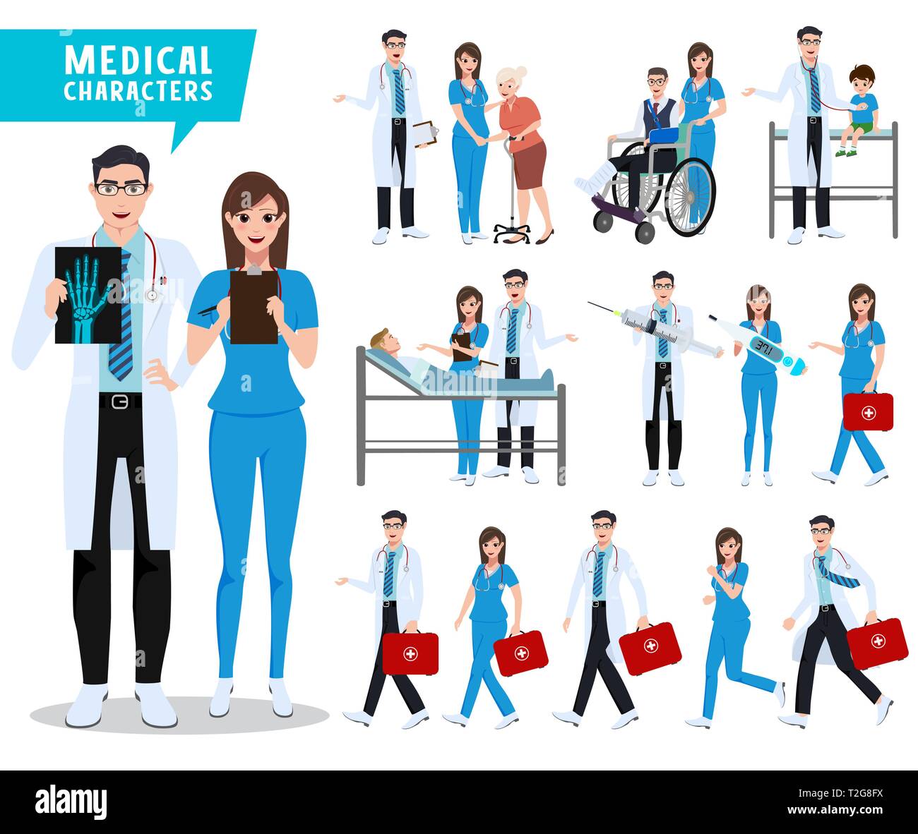 Arzt und Krankenschwester vektor Zeichensatz. Gesundheit und medizinische Arbeiter mit Patienten und medizinische Instrumente. Vector Illustration. Stock Vektor