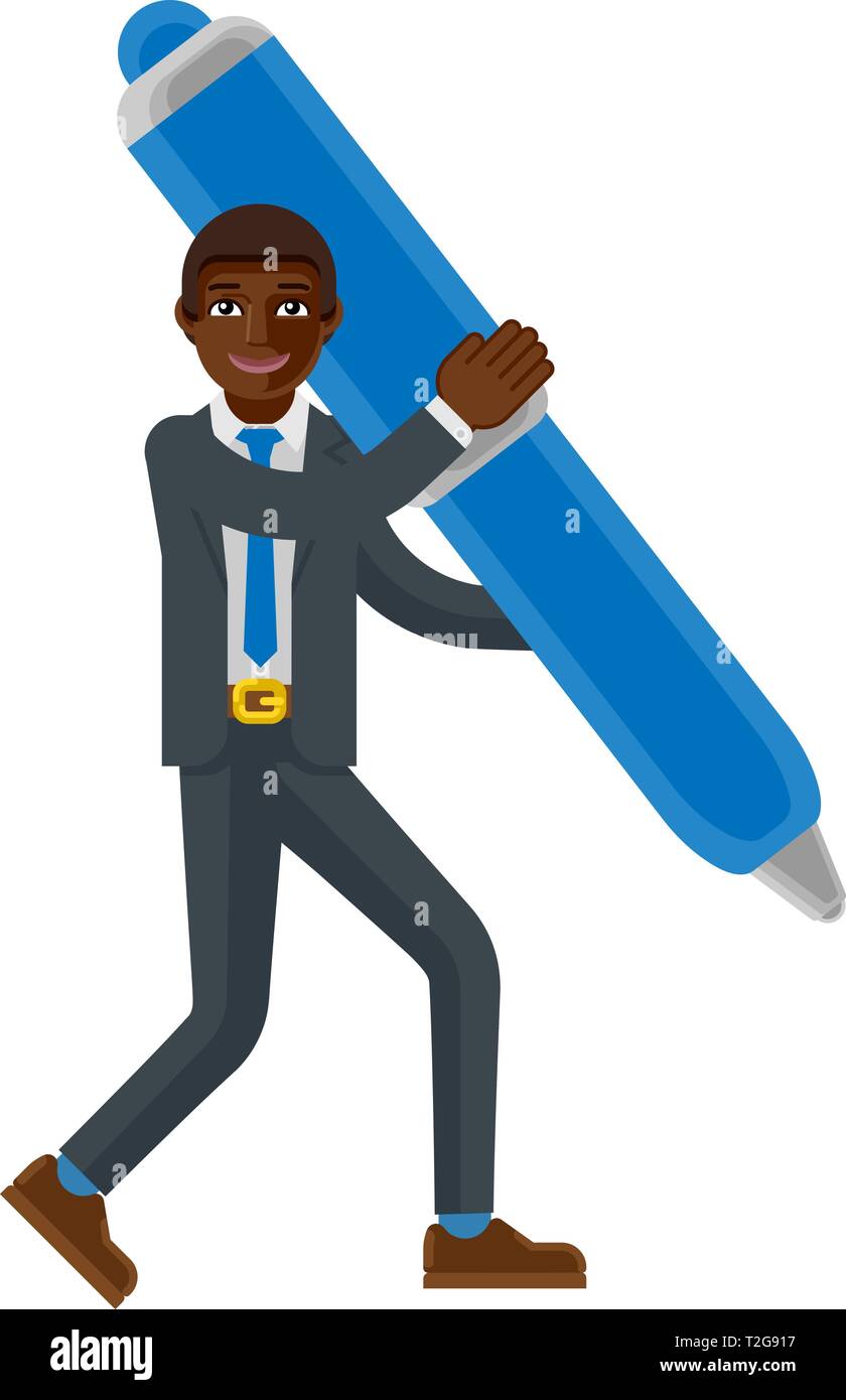 Black Business Man Holding Pen Mascot Konzept Stock Vektor