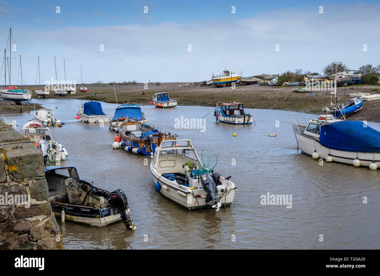 Porlock Wehr Hafen, Bootsliegeplätze, Boote und Yachten, Porlock, Somerset, England, UK. Stockfoto