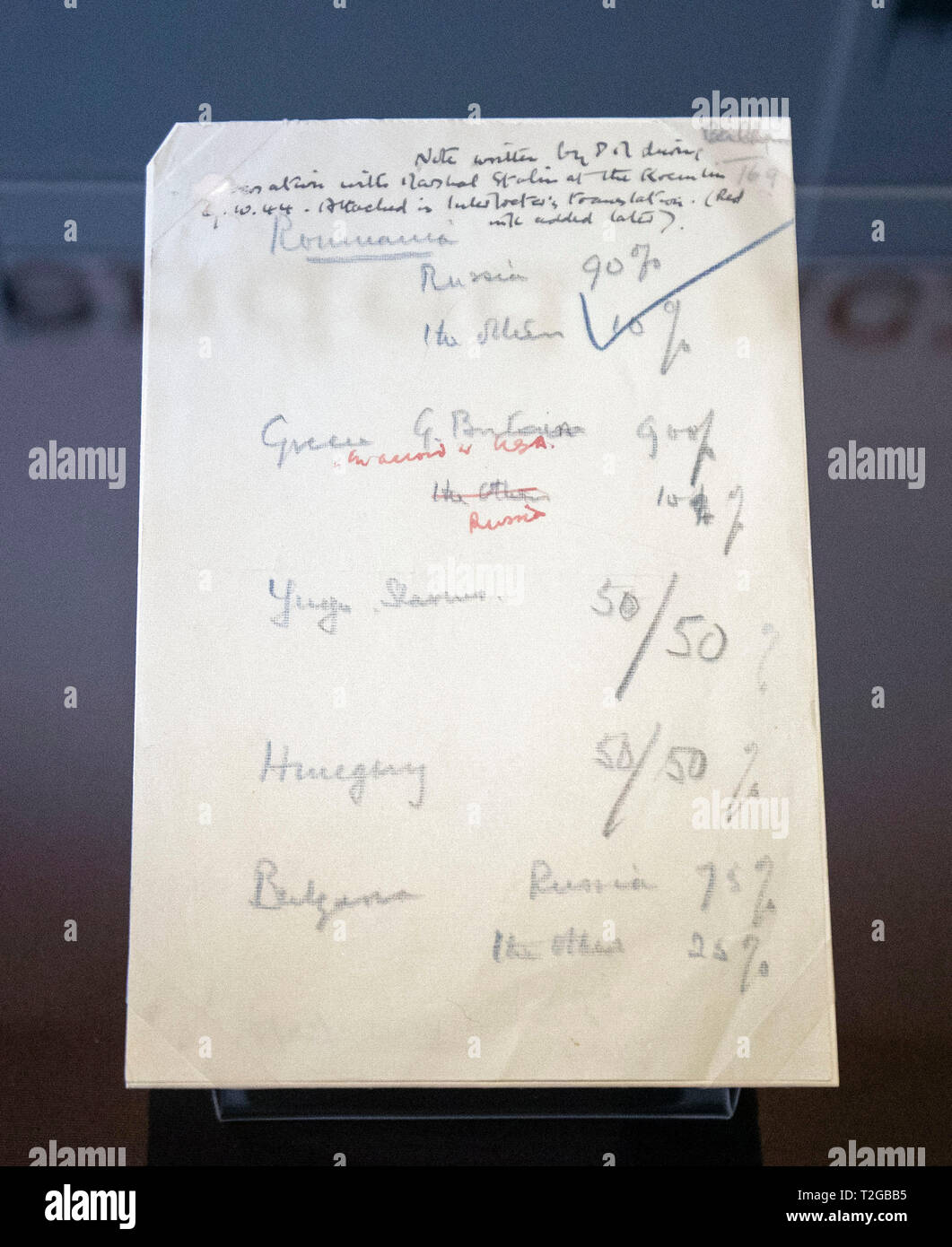 Ein Dokument, das von Premierminister Winston Churchill und Joseph Stalin während der Vorschau der National Archives neue Ausstellung geschrieben, zu schützen und zu überleben: Großbritanniens Kalten Krieg offenbart, an den nationalen Archiven, Richmond. Stockfoto