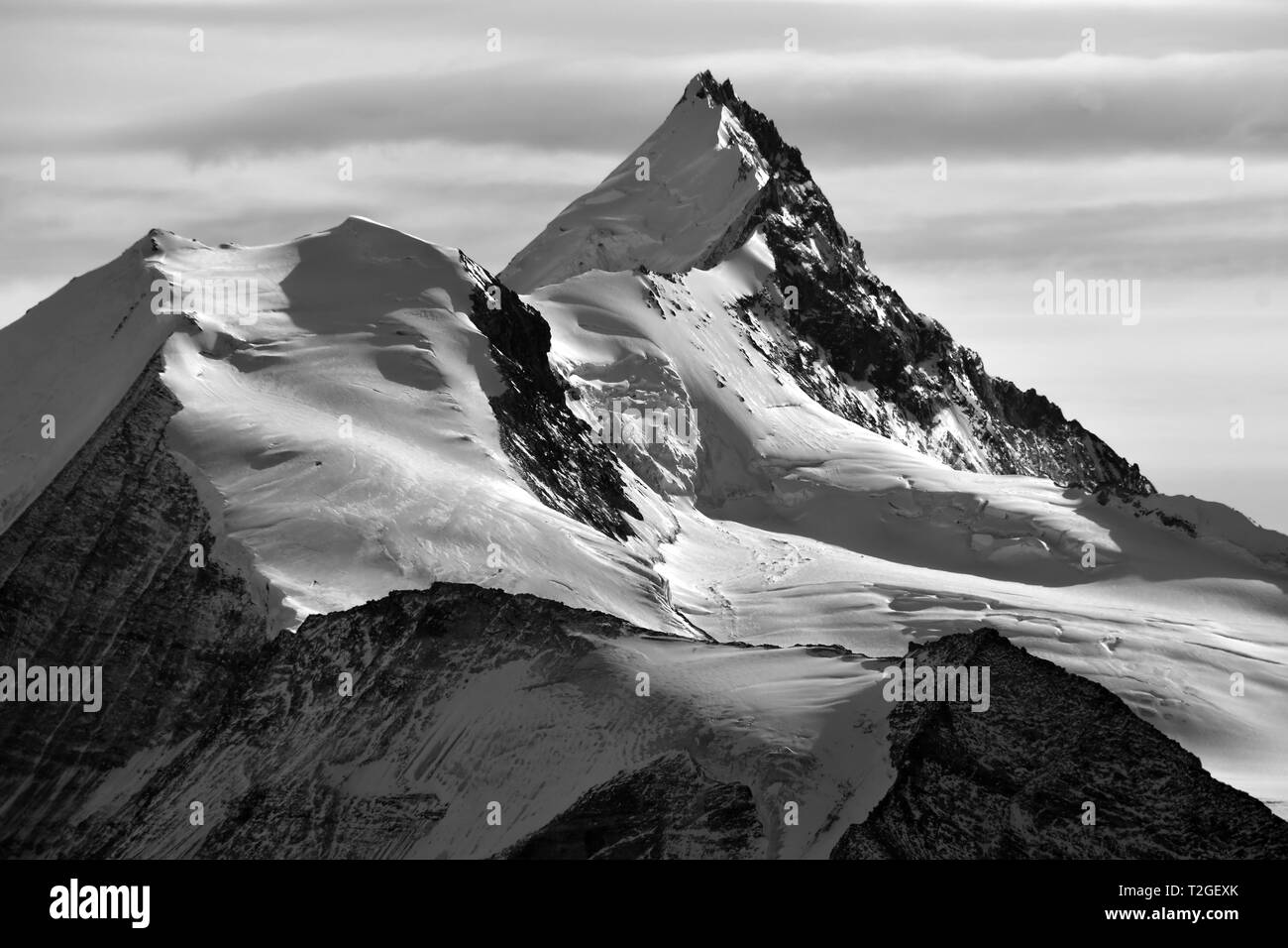 Monochrome des Bishorn (links) und Weisshorn in den südlichen Schweizer Alpen zwischen Zinal und Zermatt. In der Abendsonne gefangen Stockfoto