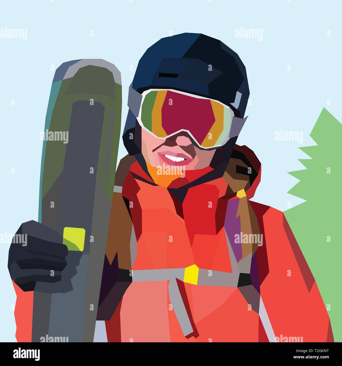 Low Poly von Frau Skifahrer lächelnd, während Ihre Skier Holding neben ihr, auf einfachen Hintergrund. Profil von weiblichen Freerider in den Bergen, gebaut fr Stock Vektor