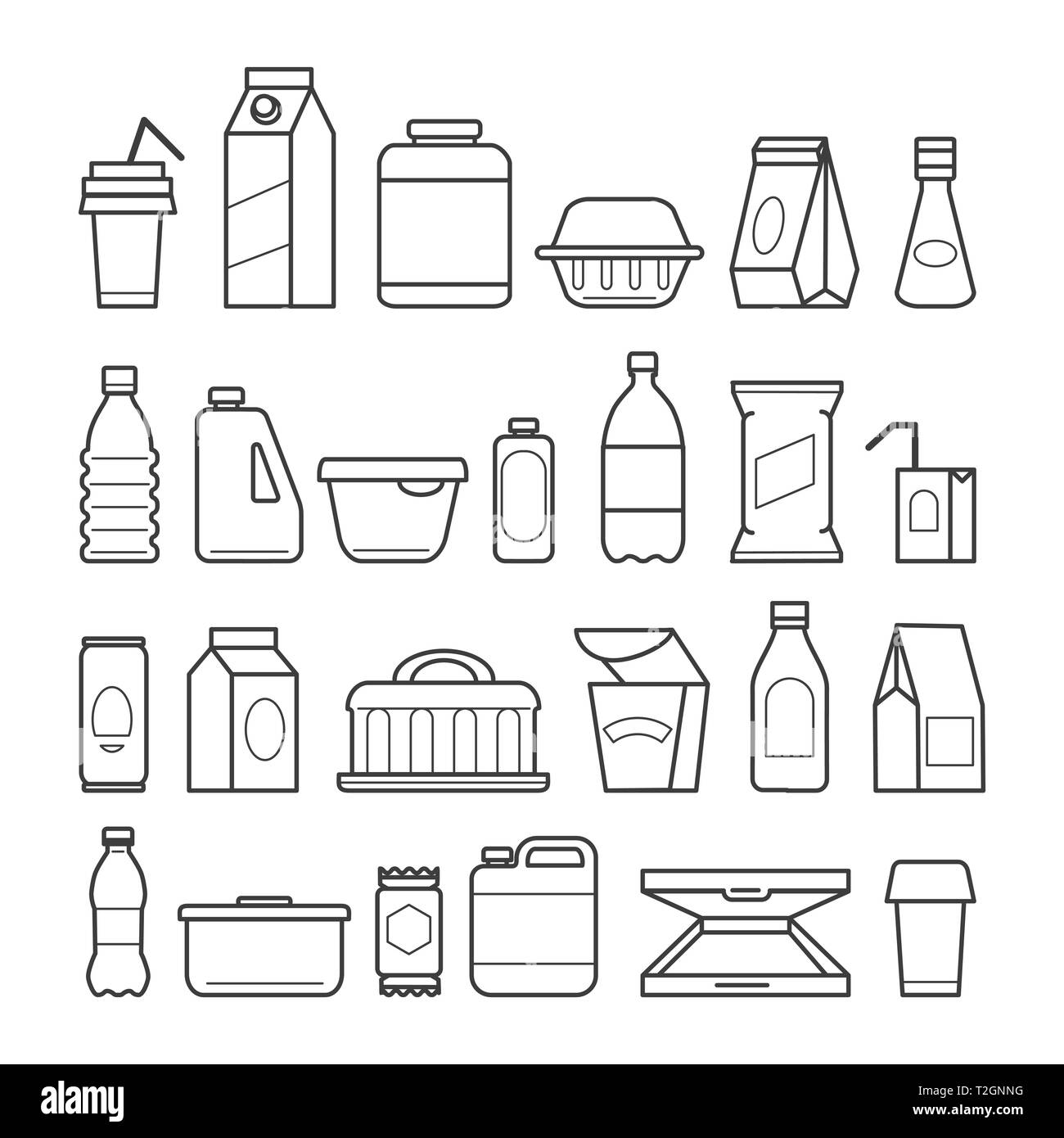 Essen Paket Symbole. Mahlzeit Verpackung, essen Packungen, Beutel Ernährung Fleisch Fällen und Kunststoff Getränkebehälter, Papier Pizzakartons, Vektor, Abbildung: Stock Vektor