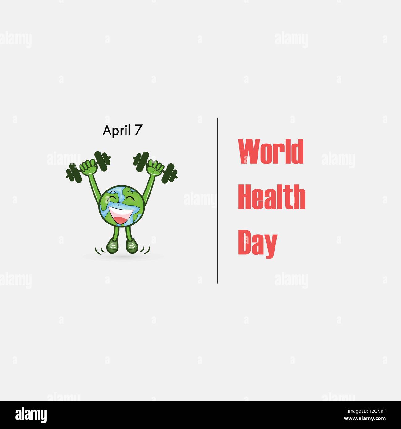 Globus unterzeichnen und Hantel vektor Logo. Weltgesundheitstag Symbol. Weltgesundheitstag cartoon Maskottchen Charakter. Weltgesundheitstag Idee Konzept der Kampagne. Vektor illu Stock Vektor