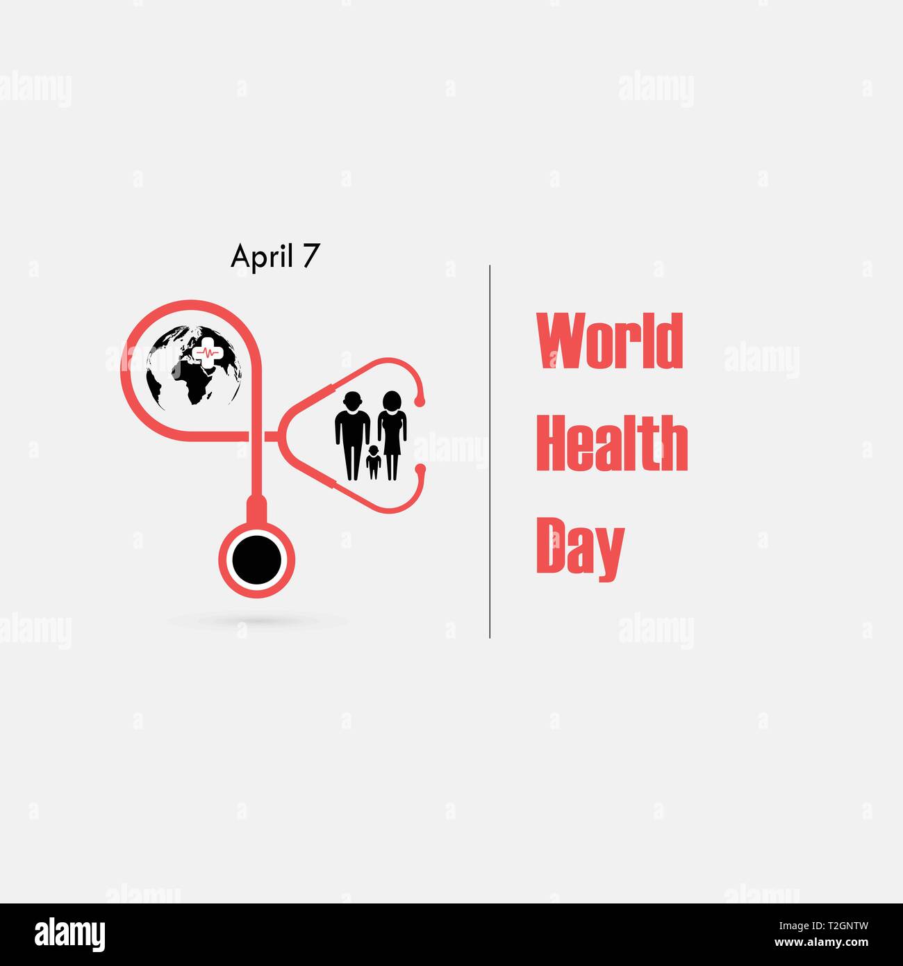 Familie Symbol, Globus unterzeichnen und Stethoskop Vektor logo Vorlage. Weltgesundheitstag Symbol. Weltgesundheitstag Idee Konzept der Kampagne. Vector Illustration Stock Vektor