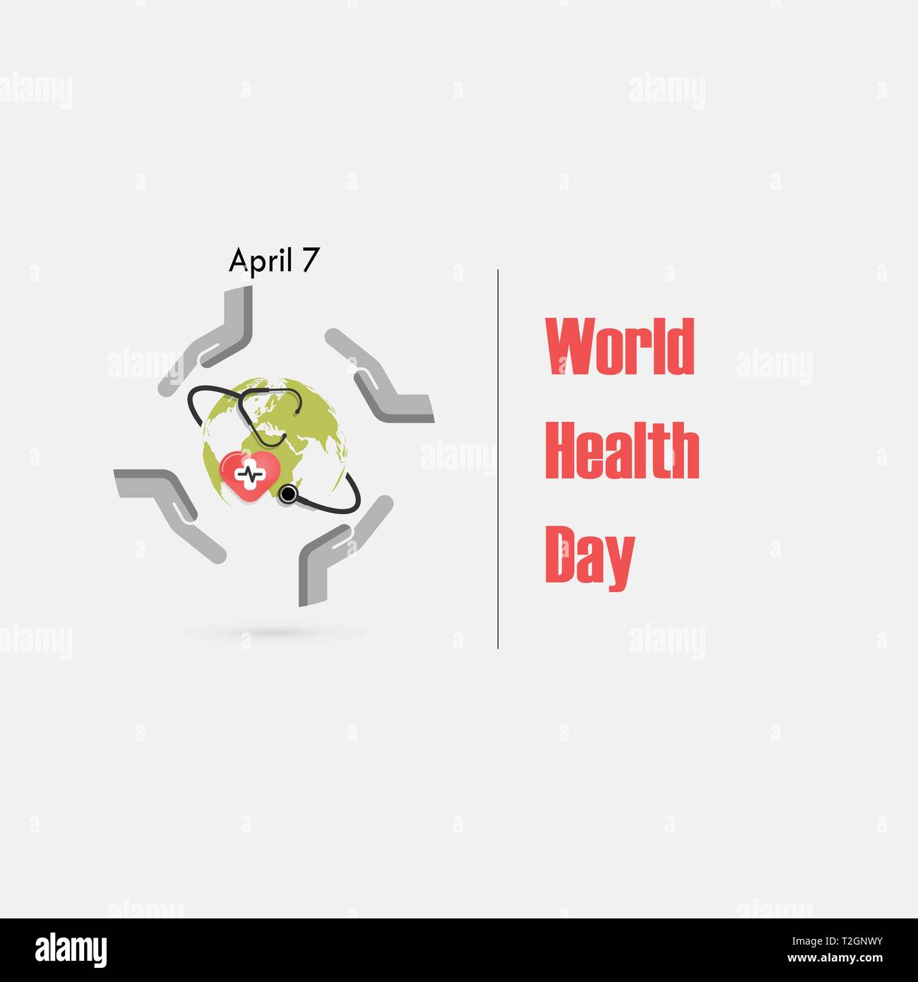 Globus unterzeichnen, der menschlichen Hand und Stethoskop Vektor logo Vorlage. Weltgesundheitstag Symbol. Weltgesundheitstag Idee Konzept der Kampagne. Vector Illustration Stock Vektor