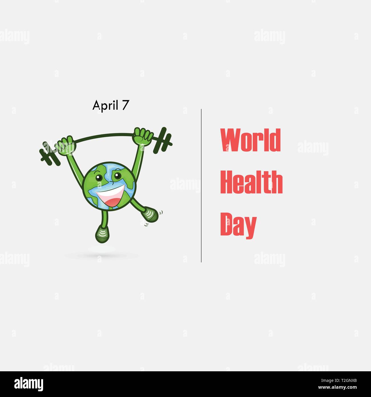 Globus unterzeichnen und Hantel vektor Logo. Weltgesundheitstag Symbol. Weltgesundheitstag cartoon Maskottchen Charakter. Weltgesundheitstag Idee Konzept der Kampagne. Vektor illu Stock Vektor