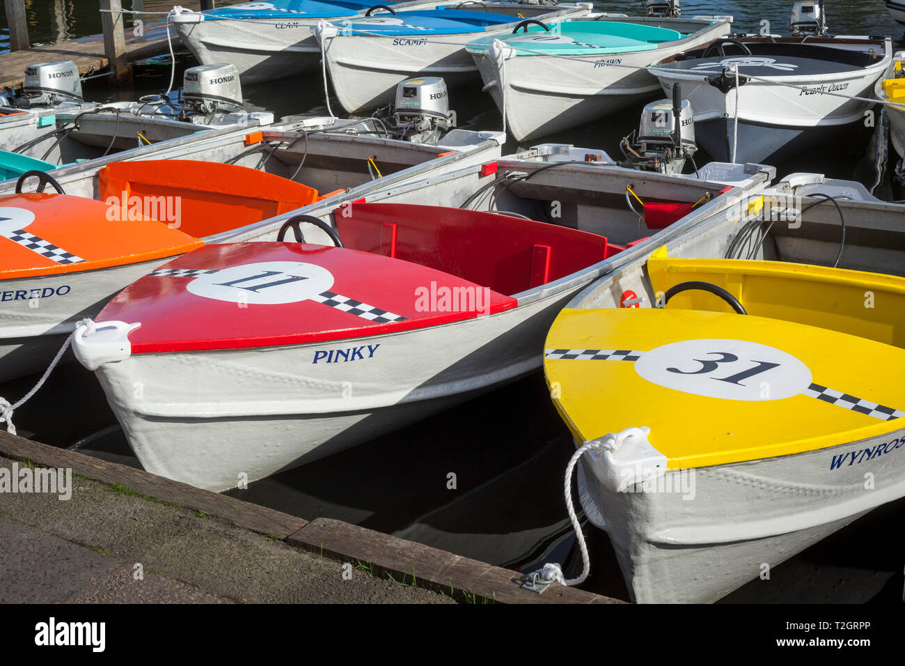 Mehrfarbige Sportboote an Hobbs Werft in Henley-on-Thames Stockfoto