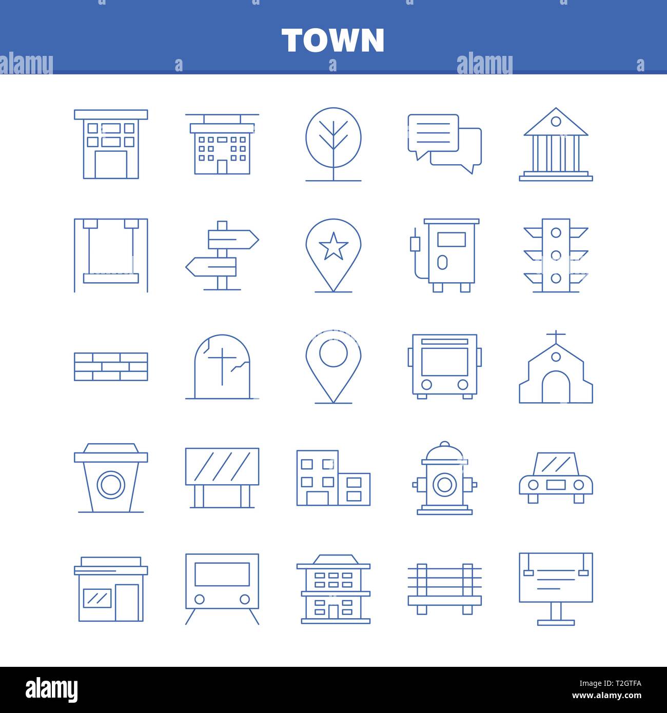 Stadt Zeile für Symbole für Infografiken, Mobile UX/UI-Kit und Print Design. Gehören: Lage, Karte, Stadt, Kirche, Haus, Stadt, Park, Spielplatz, Icon Set Stock Vektor