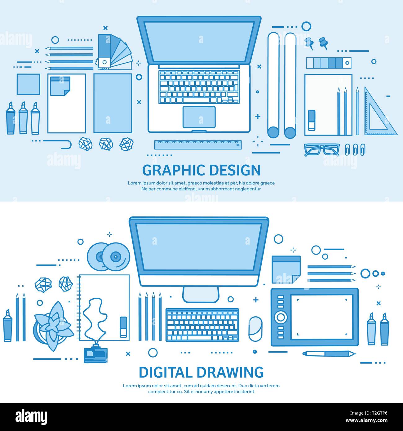 Grafik web design. Zeichnen und Malen. Benutzeroberfläche UI. Landing Page Schöpfung und Entwicklung. Flache blauer Rahmen Hintergrund. Line Art vector Illu Stock Vektor