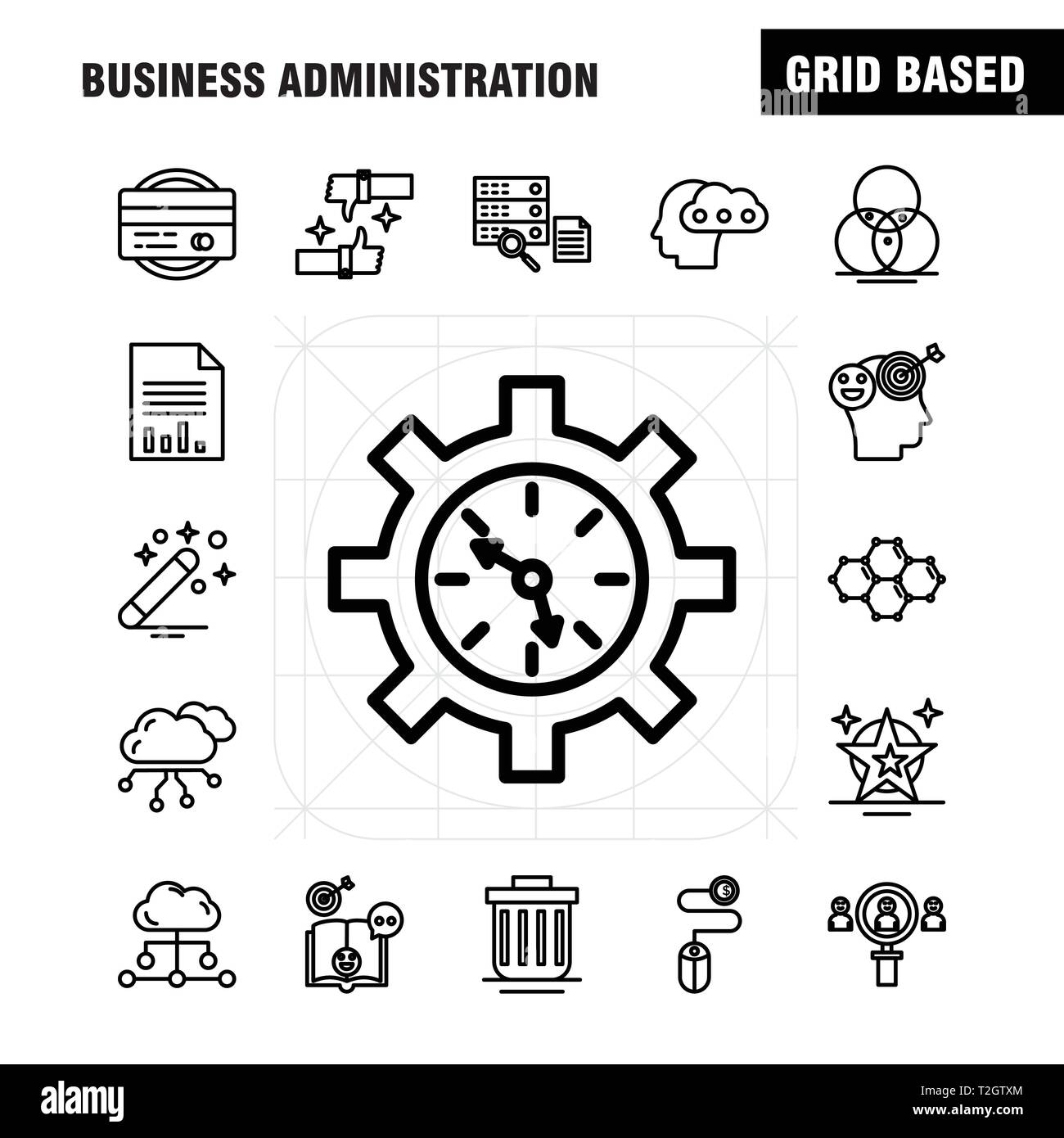 Business Administration Zeile für Symbole für Infografiken, Mobile UX/UI-Kit und Print Design. Gehören: Buch, Dartspiel, Target, Konzentration, Gehirn, Mikroskop Stock Vektor