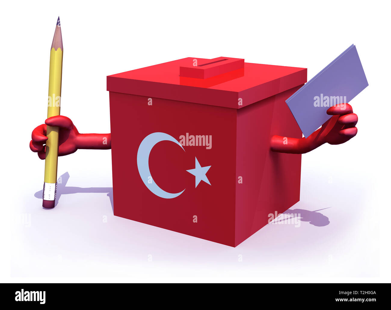 Türkische Wahl Urne whit Arme, Bleistift und Papier auf Hände, 3D-Darstellung Stockfoto