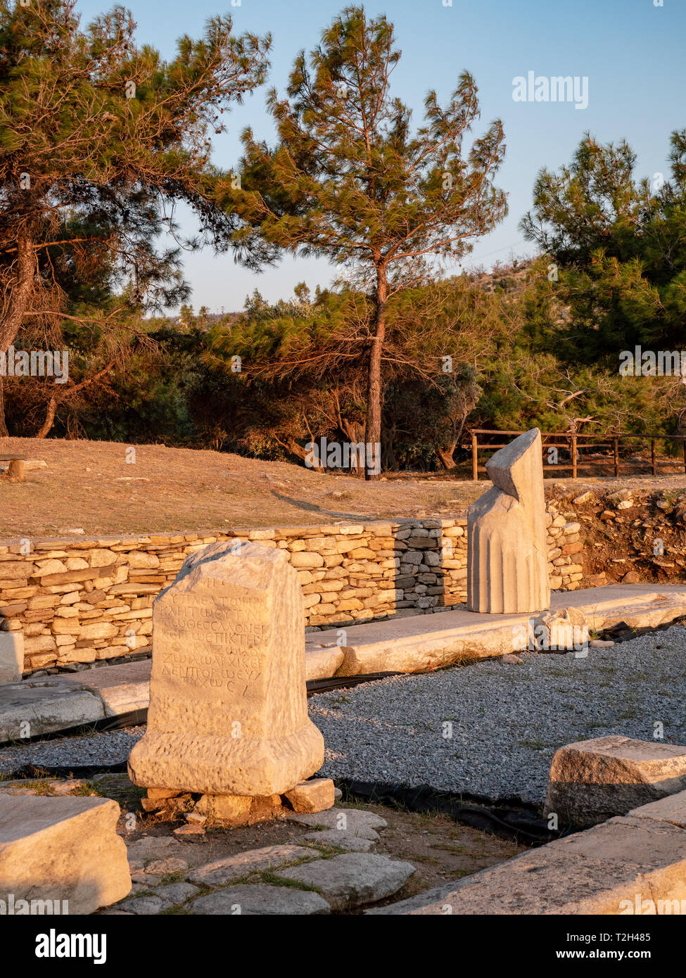 Alte Ruinen und Steine in der alten griechischen Sprache an der archäologischen Stätte in der Nähe von Aliki Marmor Hafen auf der Insel Thasos, Griechenland geschnitzt Stockfoto