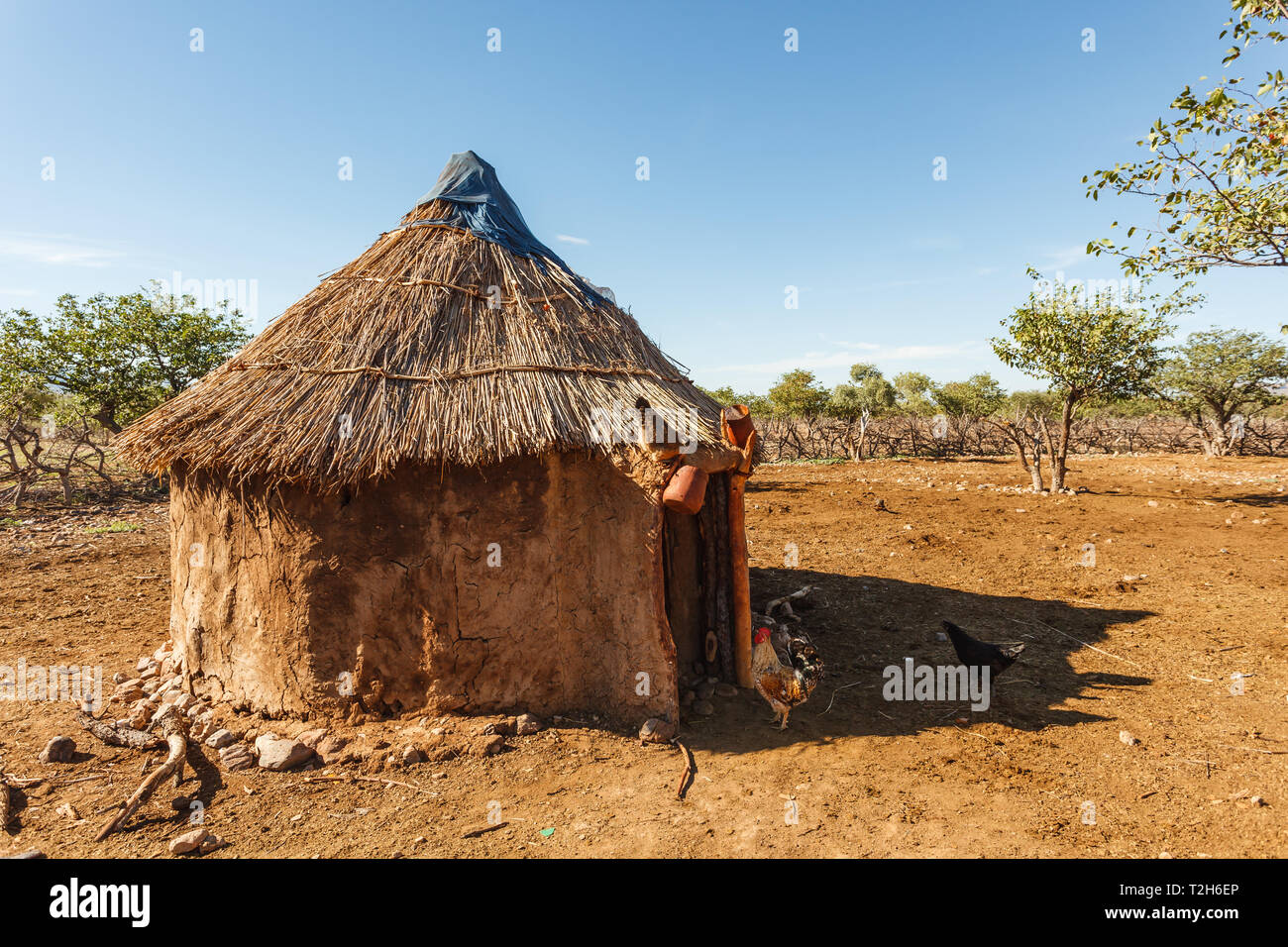 Nahaufnahme des runden Lehm Hütte mit Strohdach in Himba Dorf und Hühner durch die Tür in Namibia, Afrika Stockfoto