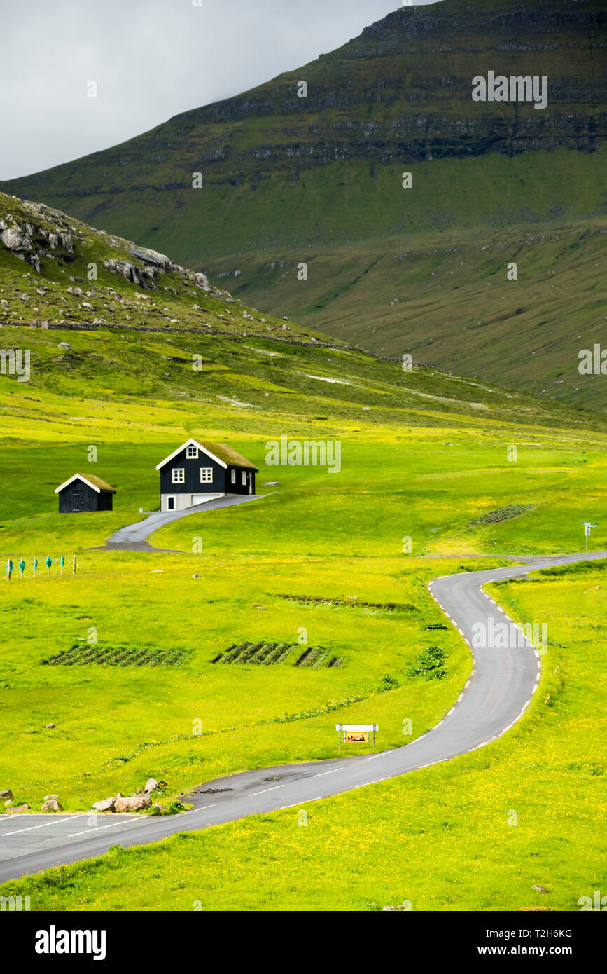 Isolierte Haus mit Grasdach auf grünen Hügeln, Gjogv, Eysturoy Island, Färöer, Dänemark Stockfoto