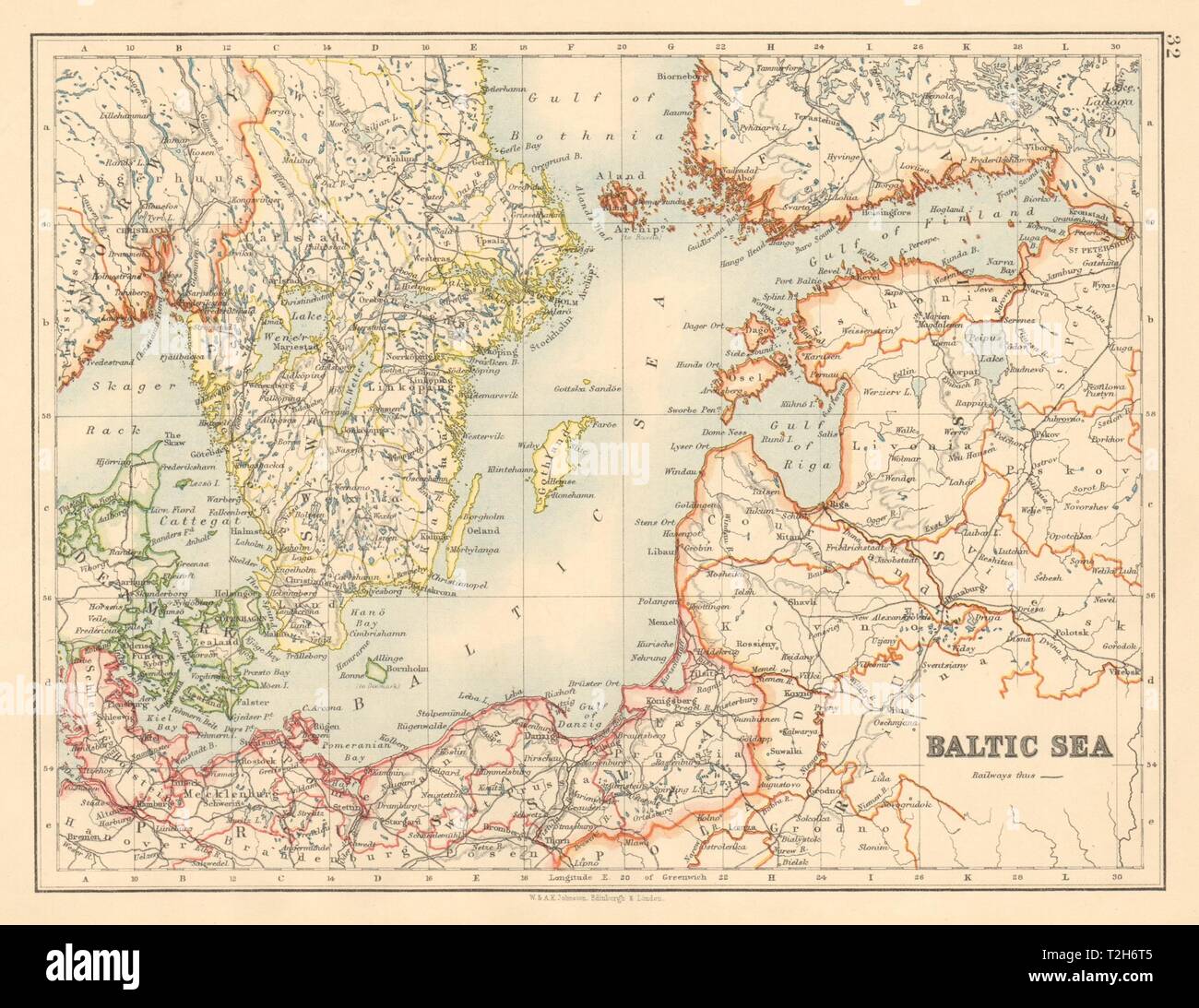 Ostsee Schweden Kovno Dänemark Livonia Kurland Finnland JOHNSTON 1892 alte Karte Stockfoto