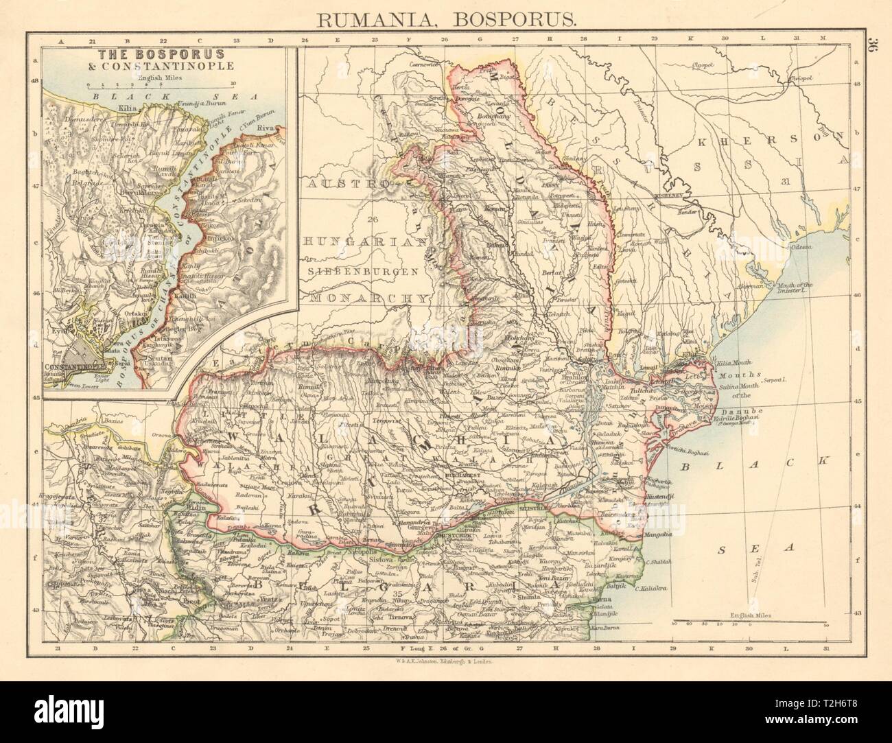 Rumänien & Bosporus Rumänien Walachei Moldawien Moldawien JOHNSTON 1892 Karte Stockfoto