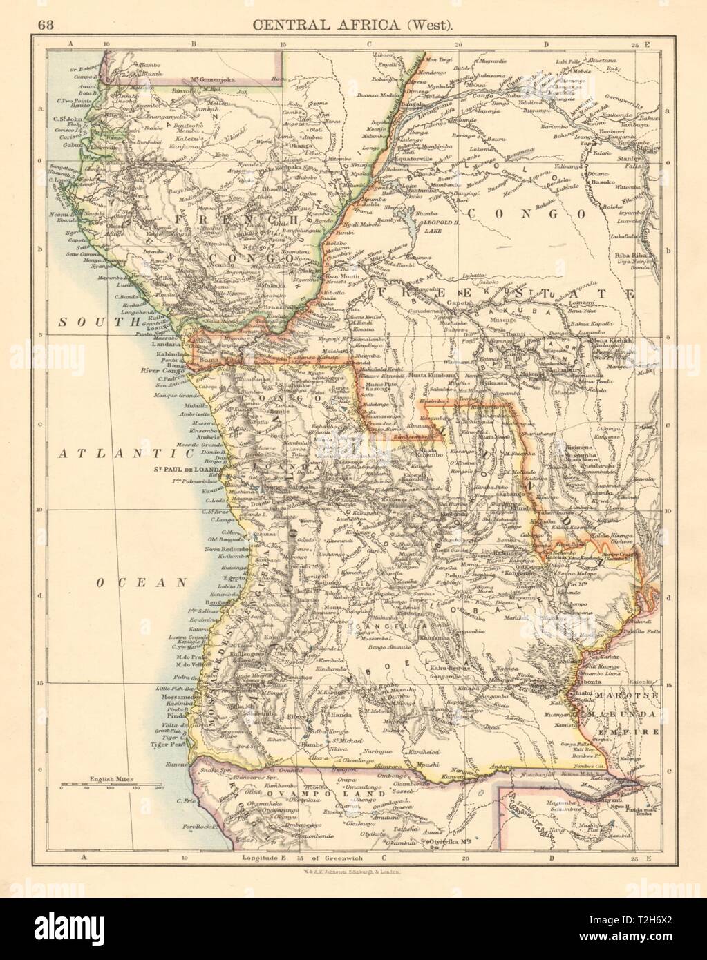 COLONIAL ZENTRALAFRIKA französische Freistaat Kongo Angola JOHNSTON 1892 alte Karte Stockfoto
