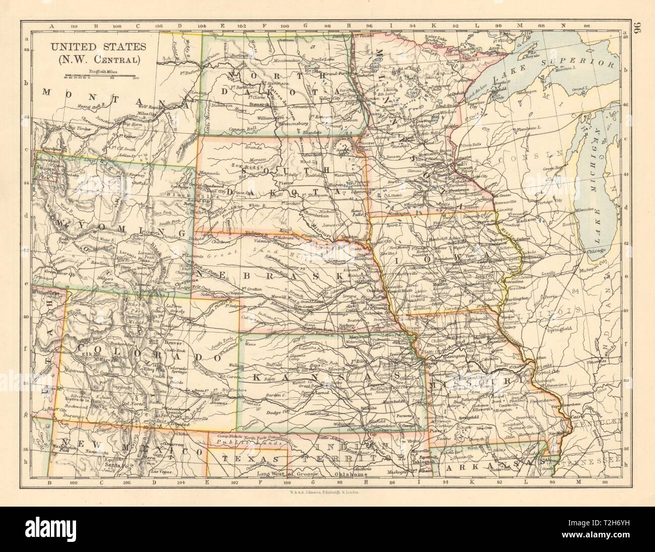USA PLAINS STAATEN Iowa Kansas Minnesota NE ND SD Colorado JOHNSTON 1892 Karte Stockfoto