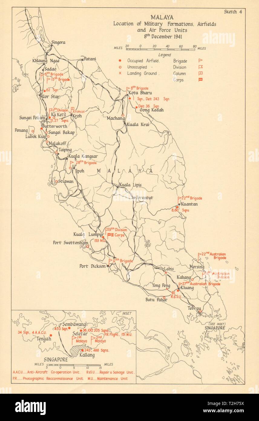 Malaysia und Singapur. Militärische Bereitstellung & Flugplätze, 8. Dezember 1941 1957 Karte Stockfoto