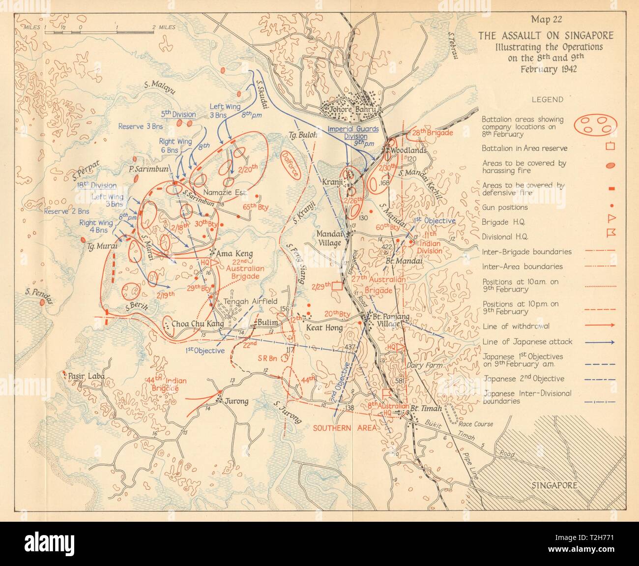 Der japanische Angriff auf Singapur. 8. und 9. Februar 1942 1957 alte Karte Stockfoto