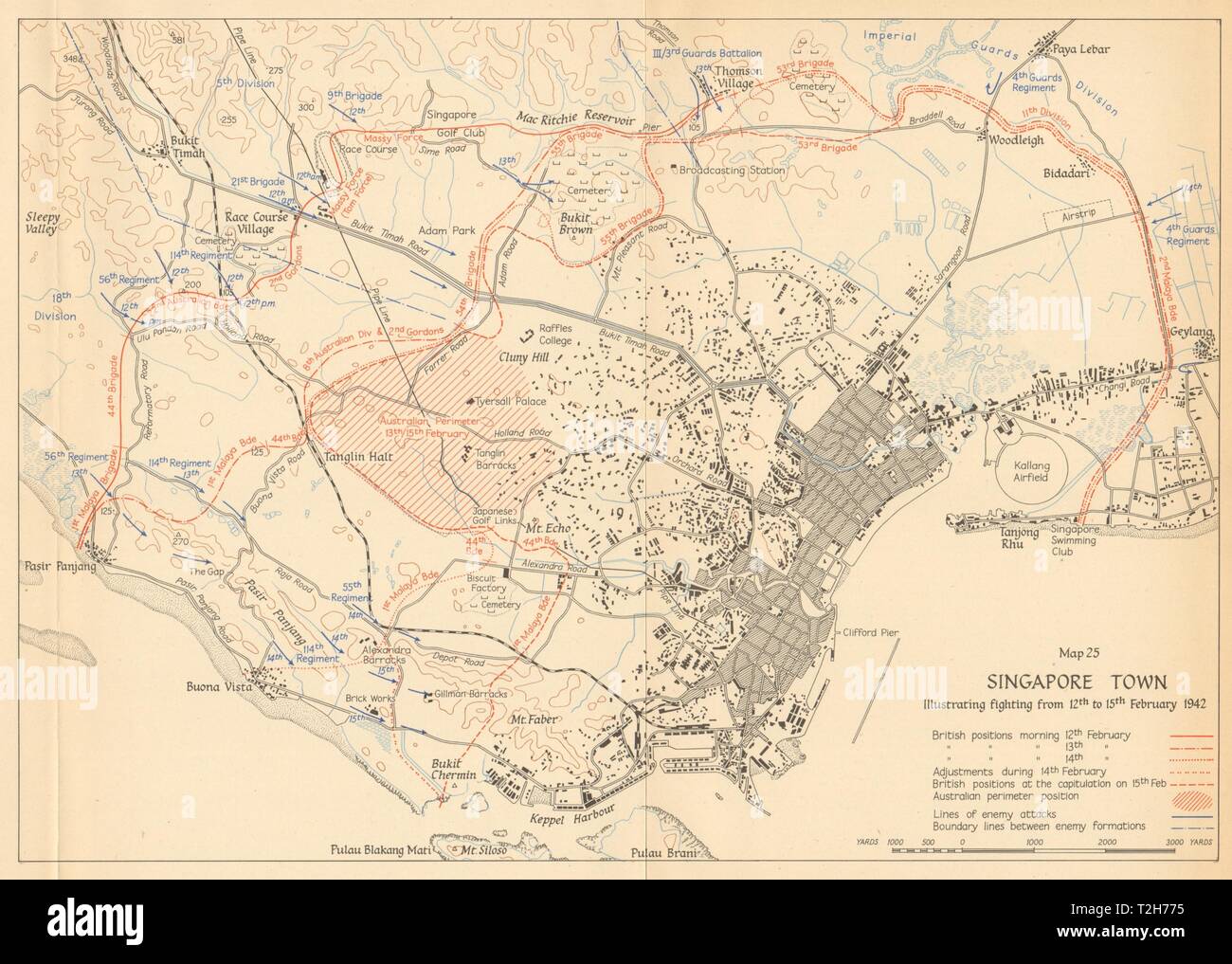 Schlacht von Singapur. Stadt Stadt. 12. bis 15. Februar 1942 1957 alte Karte Stockfoto