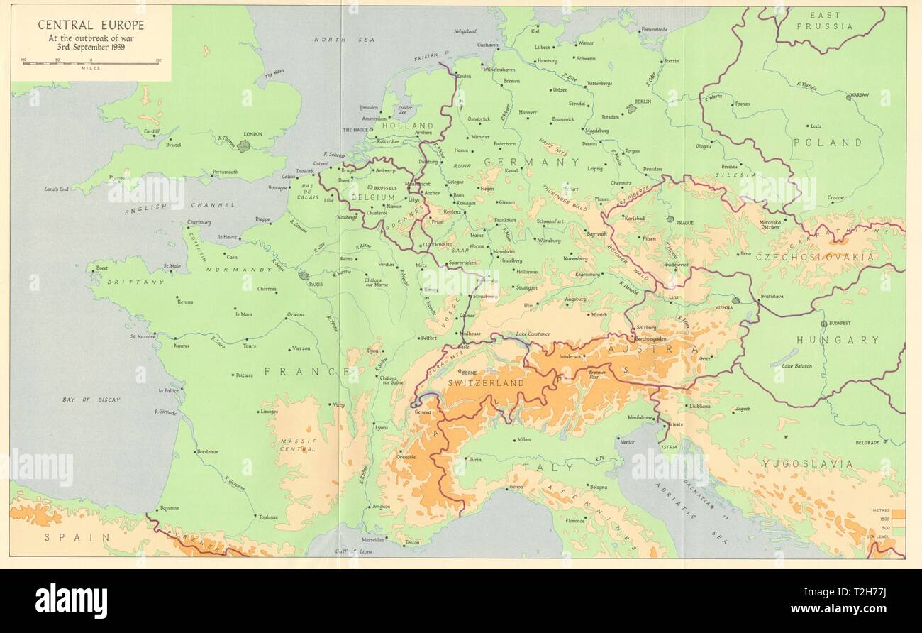 Central Europe bei Ausbruch des Zweiten Weltkrieges, 3. September 1939 1962 Karte Stockfoto