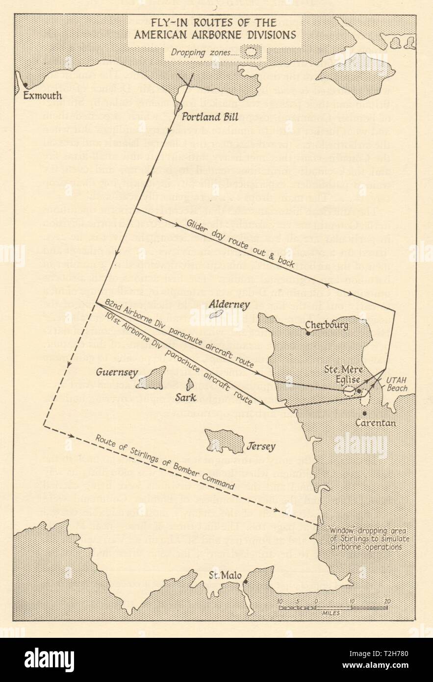 D-Day in der Normandie 1944 American Airborne Divisionen Fly-in Routen. Cotentin 1962 Karte Stockfoto