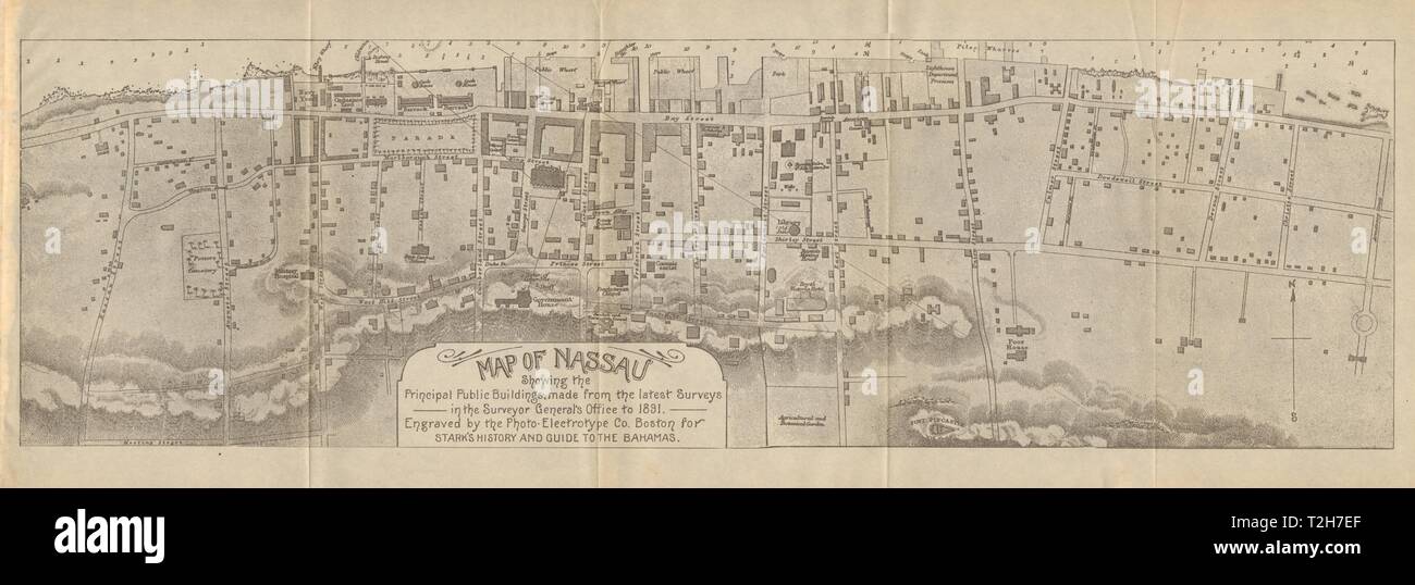 Antike Stadt Stadt Plan von NASSAU, BAHAMAS durch Steife alte Karte 1891 Chart Stockfoto