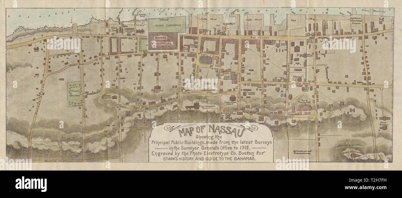 Antike Stadt Stadt Plan von NASSAU, BAHAMAS durch Stark. Handcolorierte 1891 alte Karte Stockfoto
