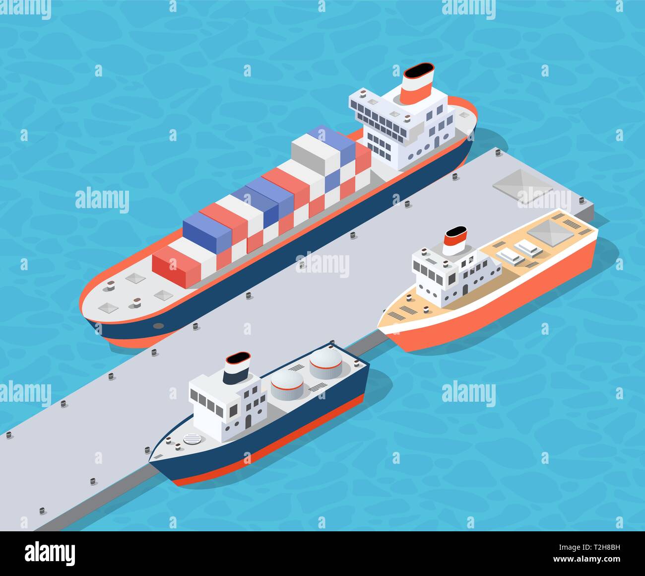 Isometrische Stadt industrielle Dock-anschluss mit container Luftfracht Fracht und Transport Boot schiffe nautische auf dem Meer für Terminal Distribution Stock Vektor