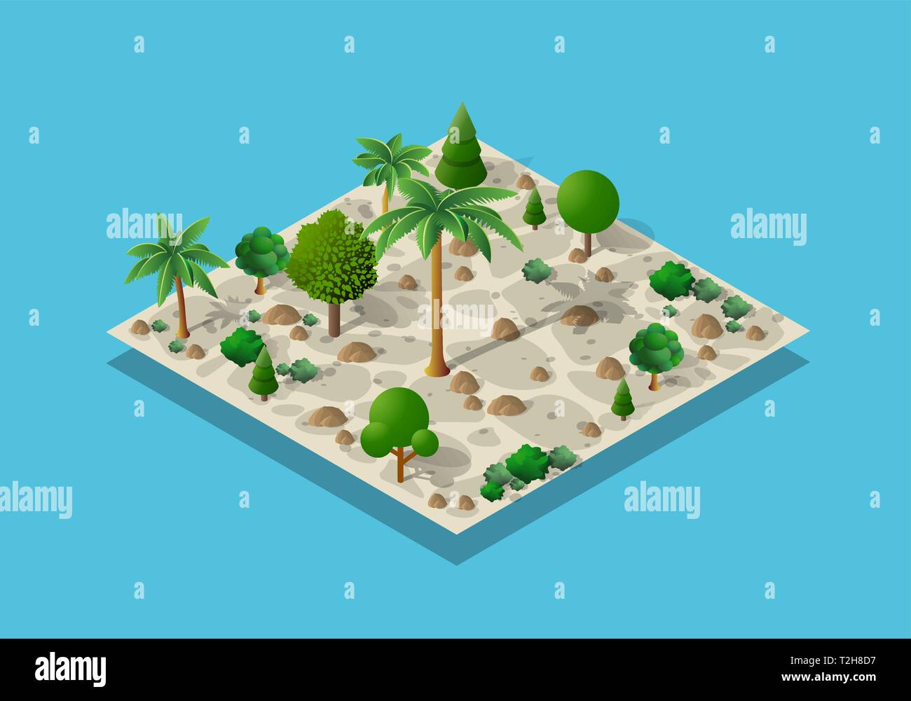 Eine isometrische Naturlandschaft aus Palmen, Vektordarstellung einer Wüste mit Sand, Steinen und Sträuchern. Konzeptionelle 3D Grafiken für das Spiel zurück Stock Vektor