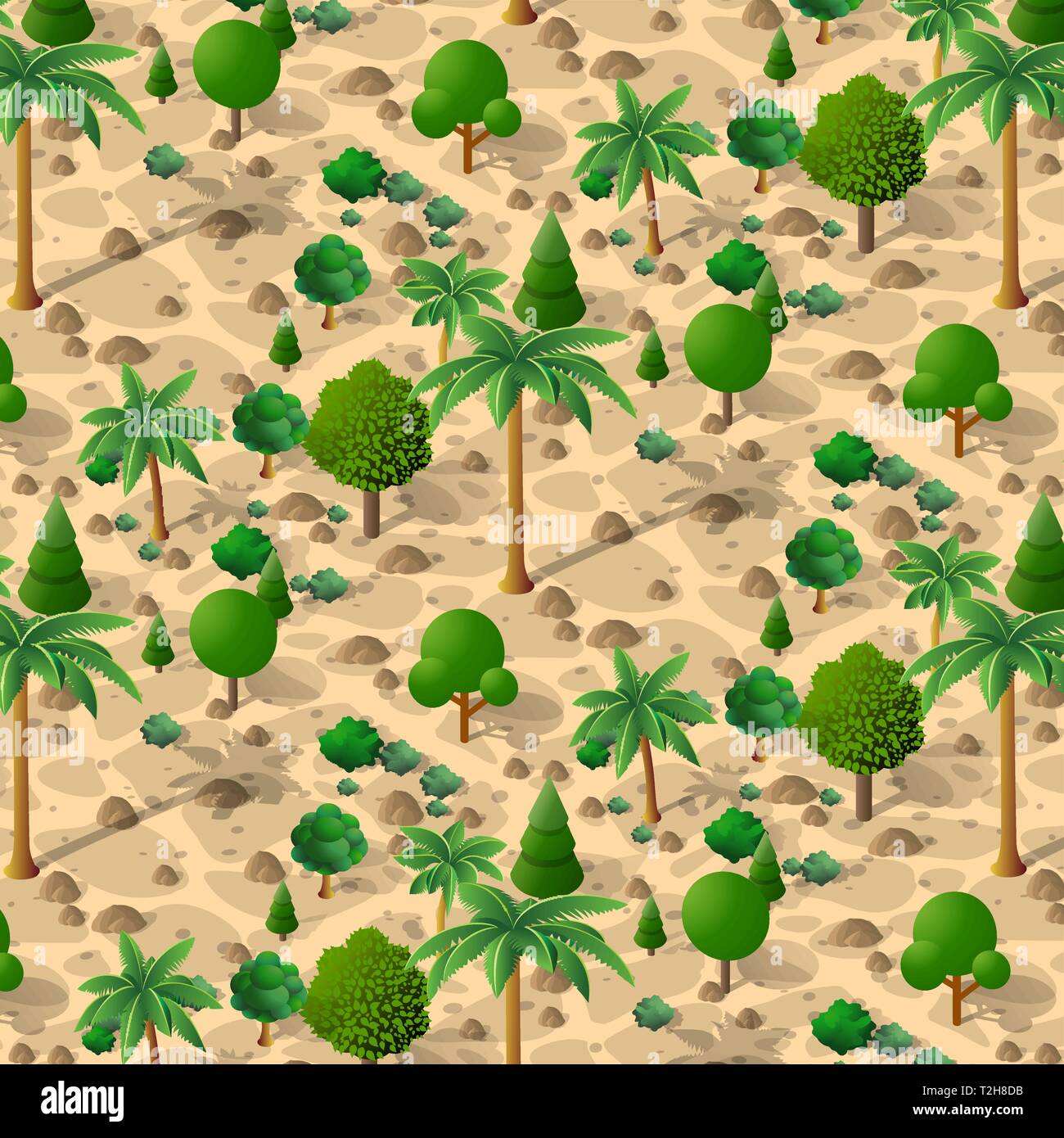 Eine isometrische Naturlandschaft aus Palmen, Vektordarstellung einer Wüste mit Sand, Steinen und Sträuchern. Konzeptionelle 3D Grafiken für das Spiel zurück Stock Vektor