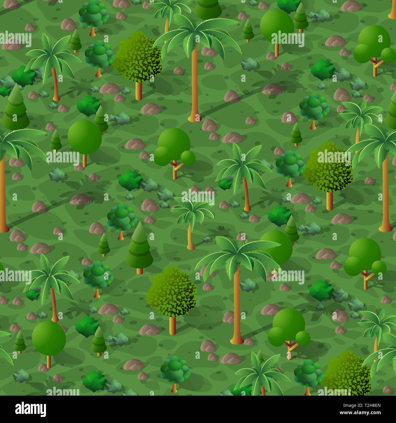 Eine isometrische Landschaft mit Palmen, Vector Illustration einer Wüste mit Sand, Steinen und Büschen. Konzeptionelle 3d-Grafiken für das Spiel backgr Stock Vektor
