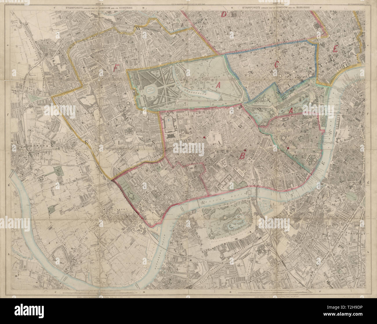 Der Stanford Bibliothek Karte von London. Kensington, Chelsea West End Battersea 1877 Stockfoto