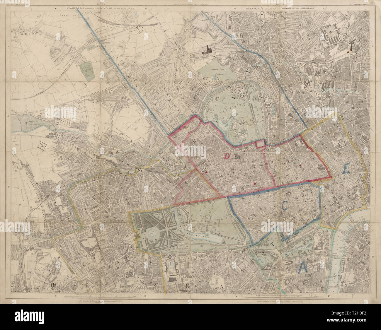 Der Stanford Bibliothek Karte von London. Marylebone Notting Hill Camden Kensington 1877 Stockfoto