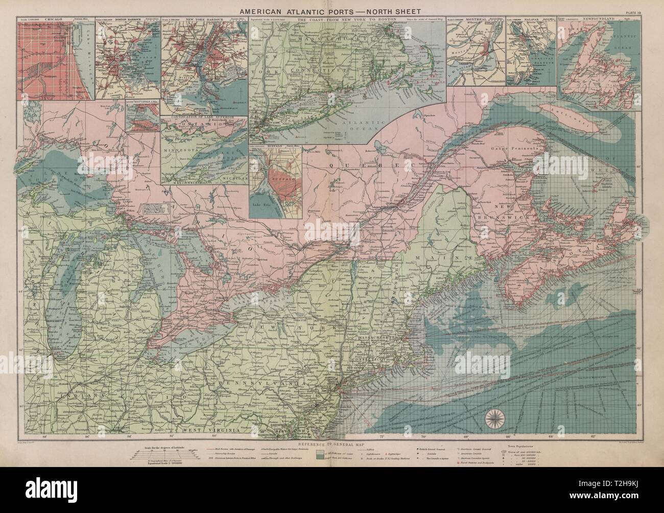 Usa Kanada Atlantik & Great Lakes ports Sea Chart. Leuchttürme & c GROSSER 1916-Karte Stockfoto