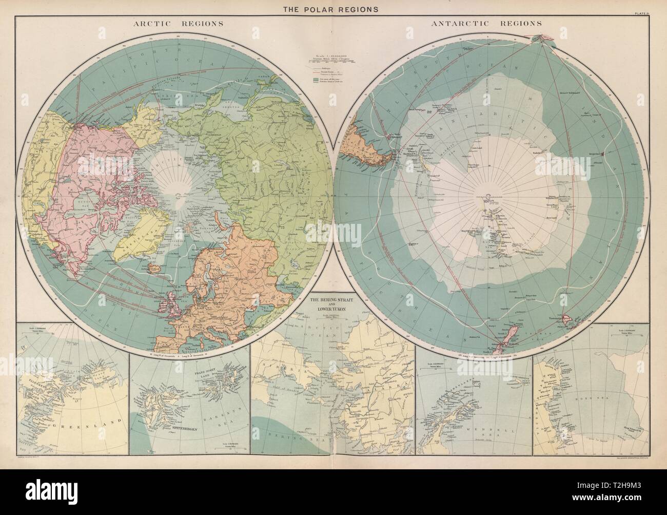 Polare Regionen. Arktis/Antarktis Seekarte. Dampfgarer routen. Große alte Karte 1916 Stockfoto