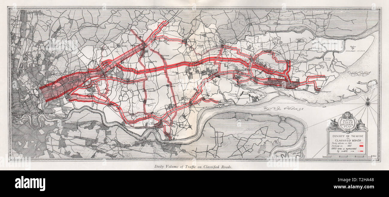 SOUTH ESSEX täglichen Straßenverkehr 1922 & 1925. Thames Estuary 1931 alte Karte Stockfoto